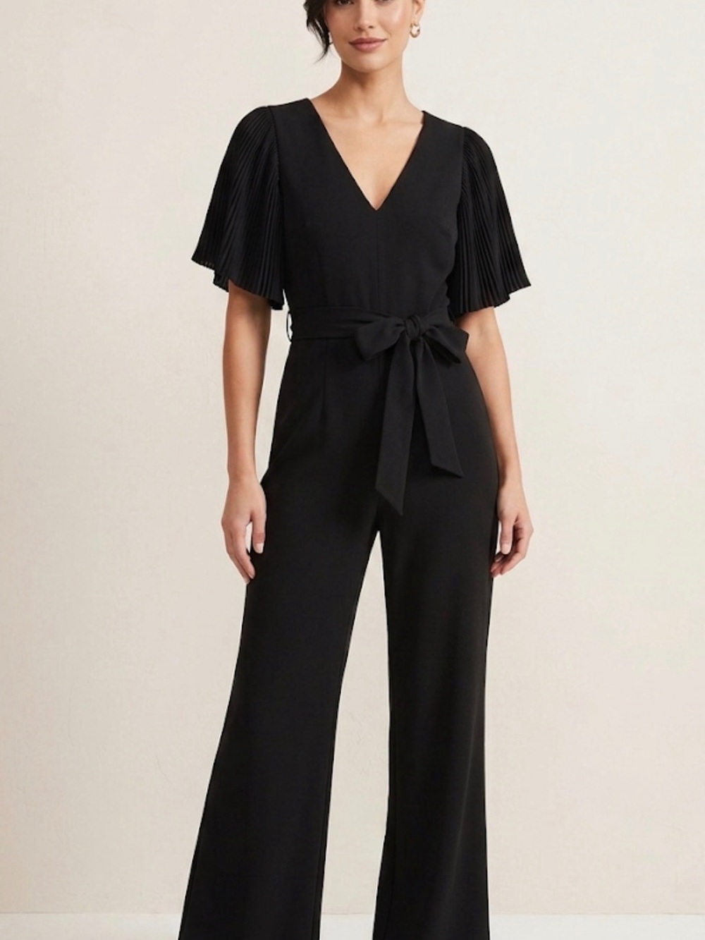 Eliza J Black Wide Leg Jumpsuit Size 8 Pleated Sleeve Tie Waist Elegant